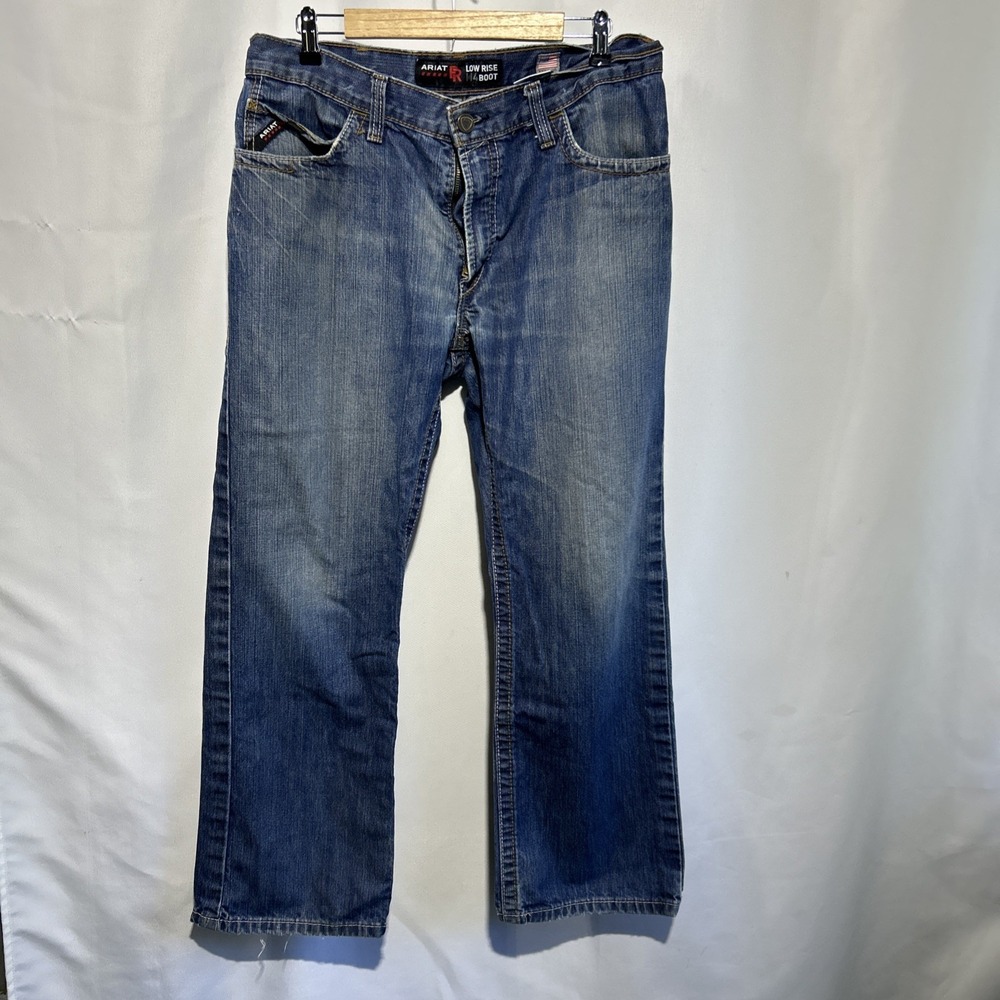 Ariat M4 Low Rise Boot Cut Jeans Men's 34x30 Blue FR Flame Resistant Distressed